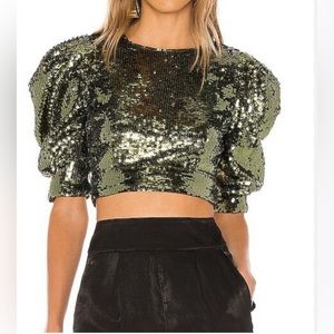Camila Coelho Olive Sequins puff sleeves open back cropped top. Party Size S